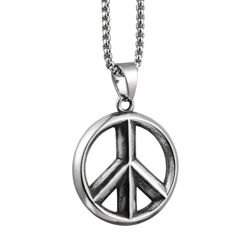 

Mens Peace Sign Stainless Steel Necklace Symbol Pendant Jewelry Chain Accessories