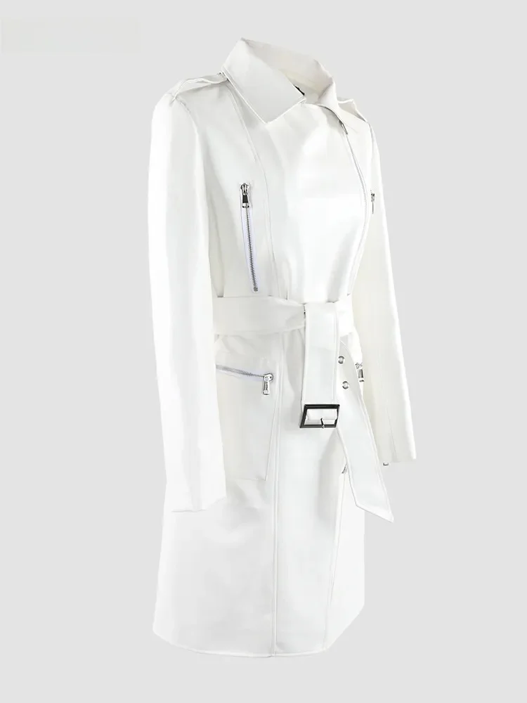 Nerazzurri Pure White Motorcycle PU Leather Jacket Women's High-End Feel Zipper Design Waist Belt Mid-Length Outerwear
