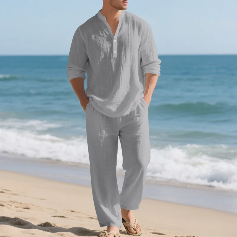 الكتان الرجال الجديدة فضفاضة عارضة تنفس الخامس الرقبة هينلي قميص طويل الأكمام السراويل دعوى