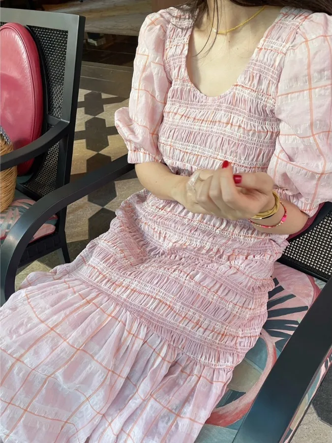 

Sweet Summer Chic Plaid Dr Women's ort Sve V-ne Gathered Waist Slimming Bell- Dr Age-defng round Ne Texture