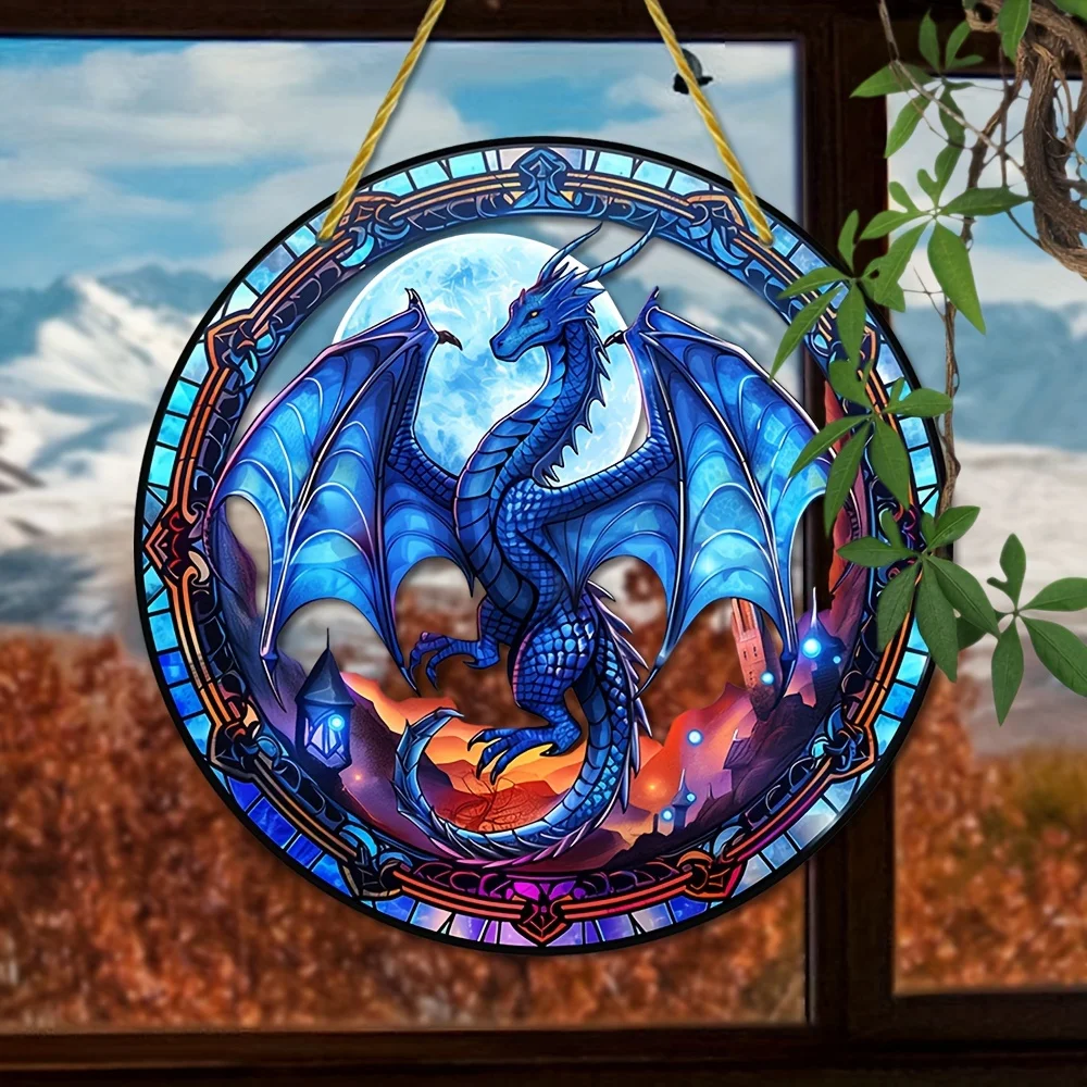 Blue Ice Dragon Suncatcher-Acrylic Translucent Hanging Sign,Round Stained Glass Wreath For Windows&Walls,Parties Decor Gifts