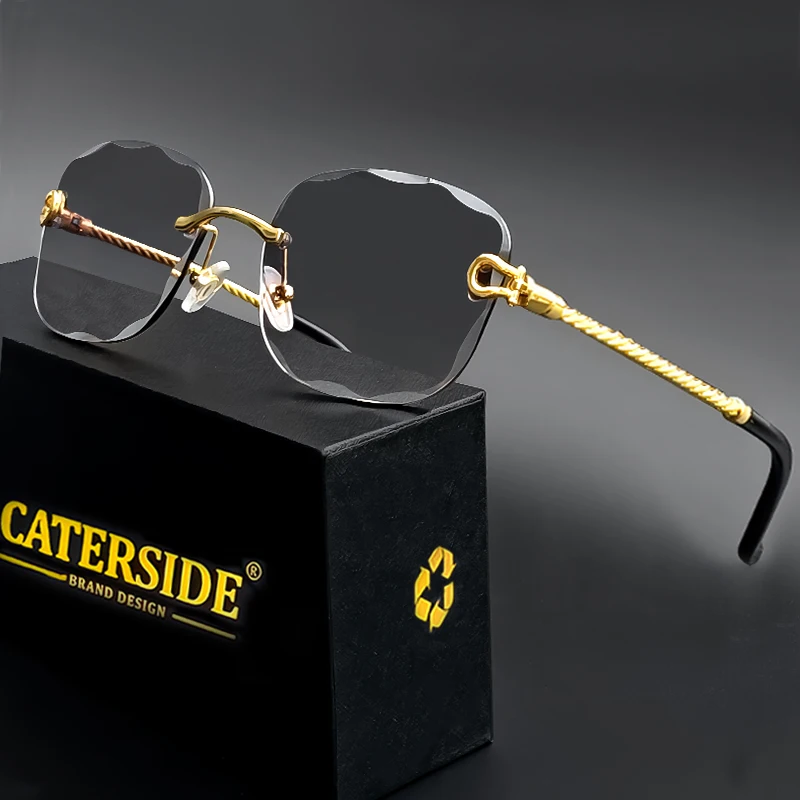 CATERSIDE Retro Mode Sonnenbrille für Damen und Herren Markendesigner Randlose Verlaufsgläser Sonnenbrillen mit Schneidegläsern Damen-Brillen – Detail 3