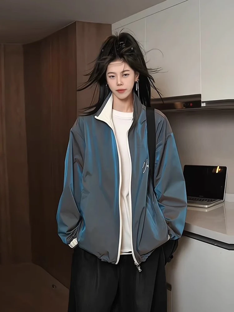 

Двусторонняя бейсбольная куртка с градиентным цветом для женщин, осенне-зимняя, с воротником-стойкой, в американском стиле, куртка-бомбер для пар