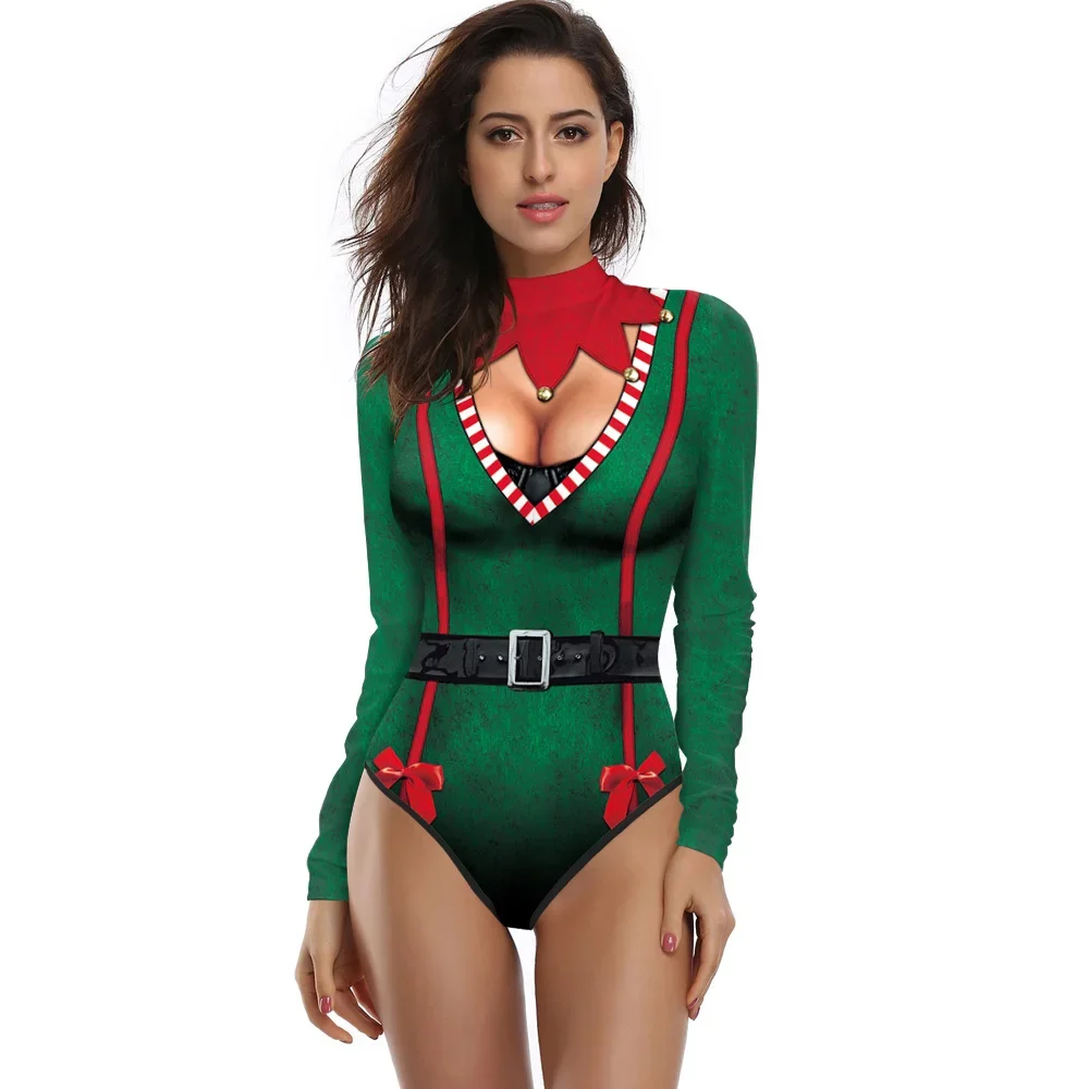 Women Christmas Costumes Long Sleeve Jumpsuit Cosplay Role-Playing Party Outfits Elf Prited Sexy Bodysuit Zentai Fancy Dress