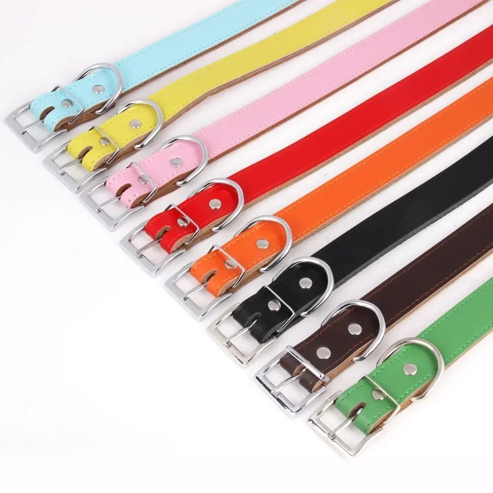 1 Piece Genuine Leather Durable Pet Dog collar Brown Black Red Orange Pink Green Blue for Puppy Large Dog Collar Size XS S M L