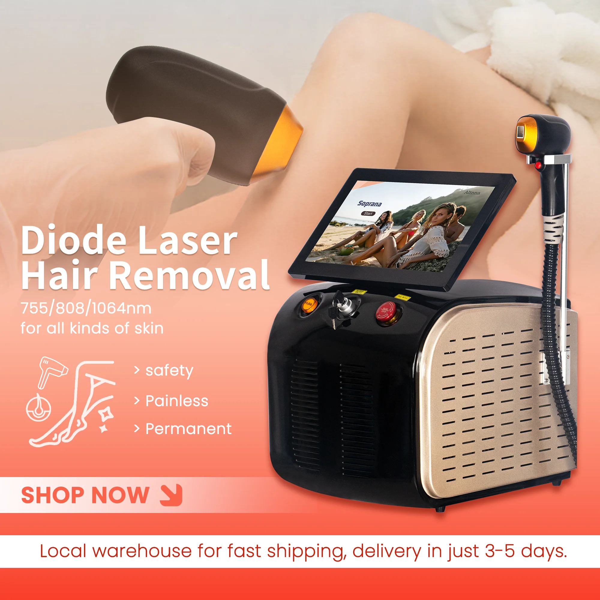 

2026 Лидер продаж ICE диодный лазер 808 Удаление волос и омоложение кожи Постоянная безболезненная машина Тройная длина волны 755 808 1064 нм