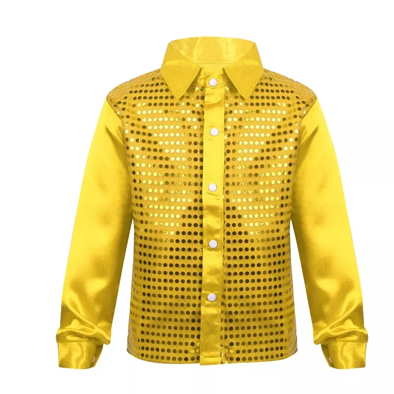 New Summer Kids Boys Long Sleeve Sequin Shirt Disco Hip Hop Jazz Dance Stage Show Chorus Shirt Fashion Lapel Button Casual Shirt