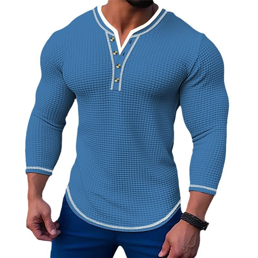 Casual Man Waffle T-Shirt Buttons Henley Collar Long Sleeve Solid Color Pullover T Shirt For Men Tees Tops Clothing