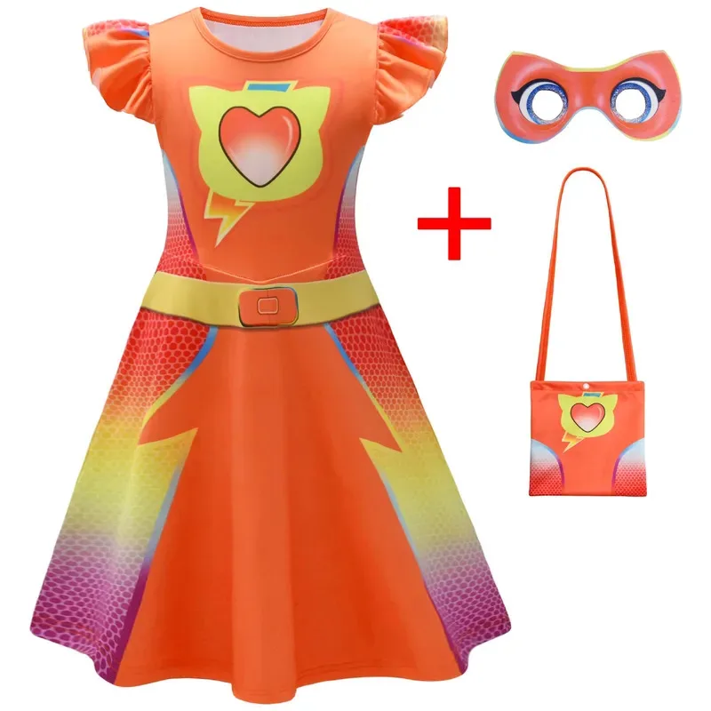 Qq28LQChildren's SuperKitties Trajes Cosplay Super Gatos Vestidos para Meninas Disfarce Festa Vestido de Princesa + Bolsa Eyepatch Carniva