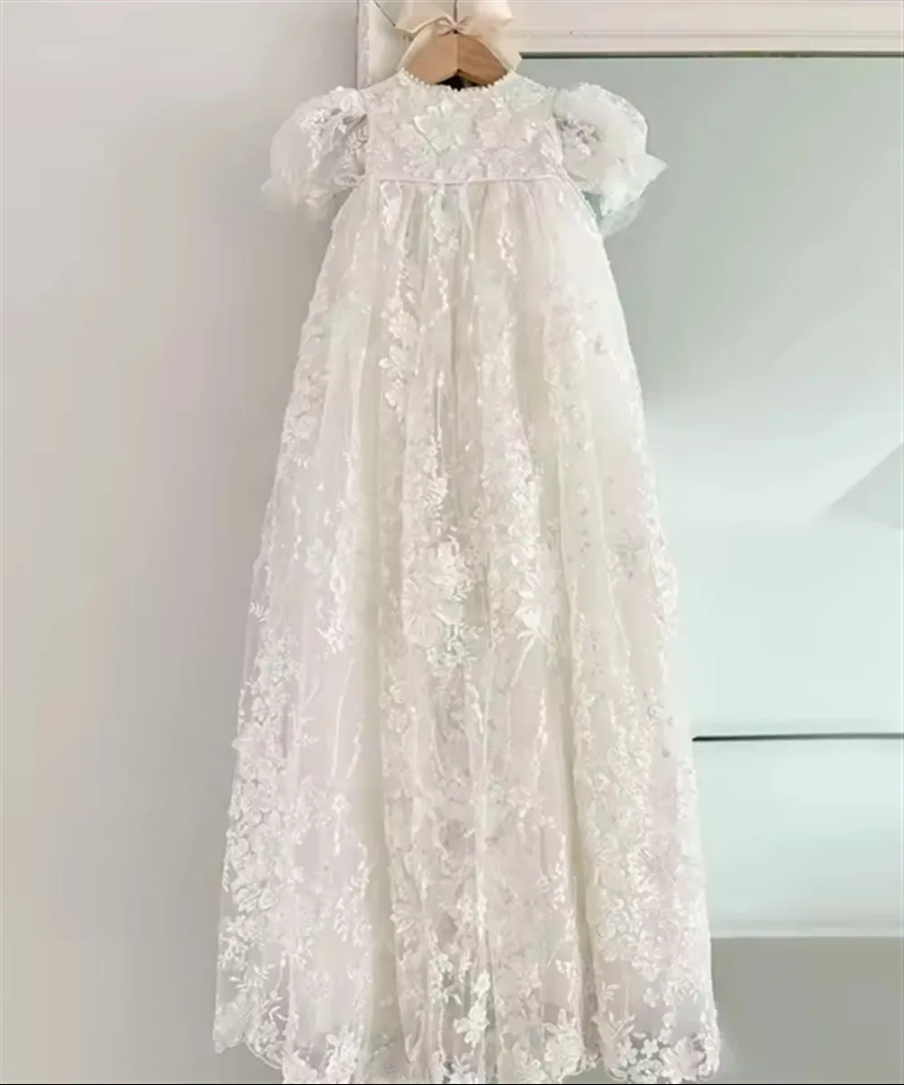 فستان زفاف أنيق مخصص لفتاة الزهور مزين بالدانتيل فستان تعميد الطفل للأطفال لأعياد الميلاد الأولى