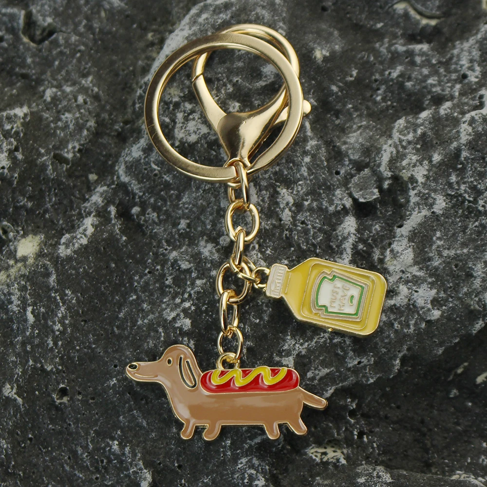 Cartoon Dachshund Keychain Hot Dog Sauce Bottle Key Ring Enamel Key Chains DIY Handmade Souvenir Gifts For Women Men Cay Keys