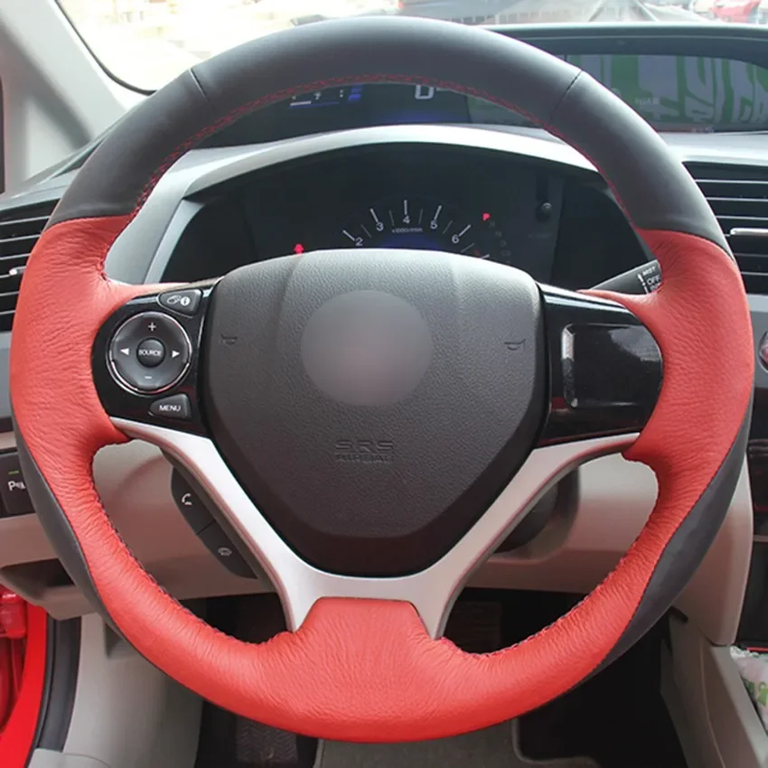 

Hand-Stitch Non-slip Black Red Genuine Leather Car Steering Wheel Cover for Honda Civic Civic 9 2012- Interior Accessories