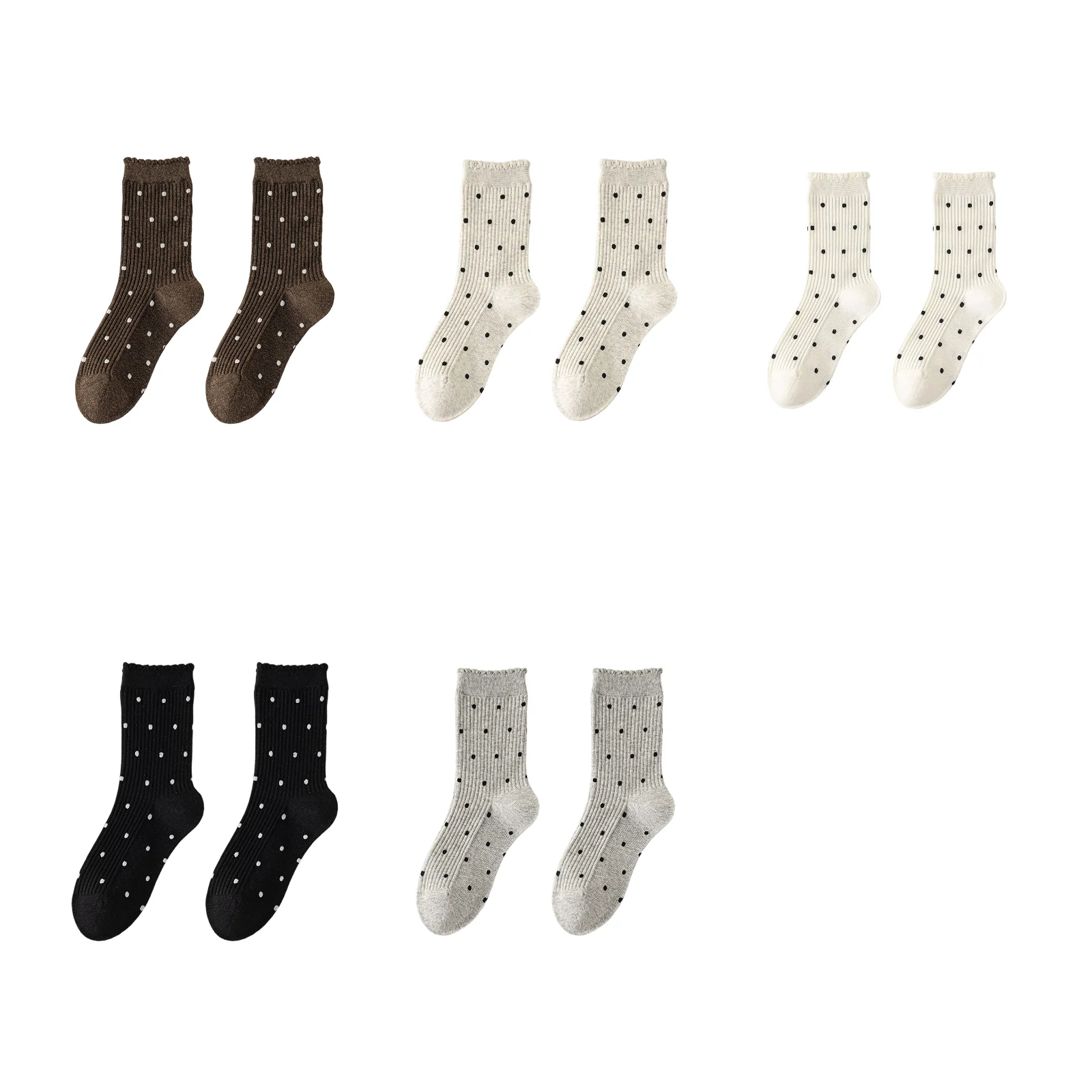 

Autumn and winter polka dot mid-calf socks cotton 5-color combination (coffee/off-white/milk white/black/grey) 1 pair