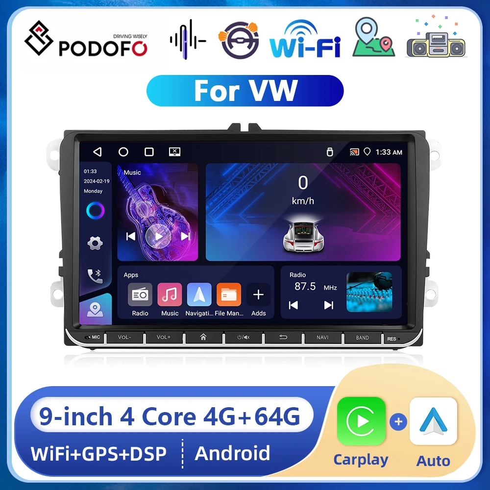 Podofo 9inch 2din Android Car Stereo Radio For VW Passat Golf MK5 MK6 4+64G Multimedia Player WIFI GPS Carplay Android auto