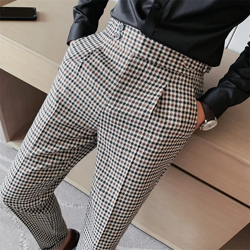 

Formal Plaid Pants High Waist Party Wendding Suit Pants Business Dress Trousers For Men Summer Fit Pleated Front Clothing
