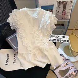 Blusas Femininas White Lace Fly Sleeve Shirt Women's Retro Button Stand Collar Sleeveless  Sexy Blouse Slim Tops Pleated