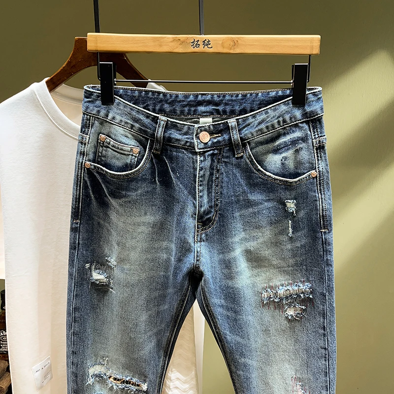 Calça jeans reta Y2K masculina, patches finos bordados, calça casual, calça elástica, estilo japonês dos anos 2000