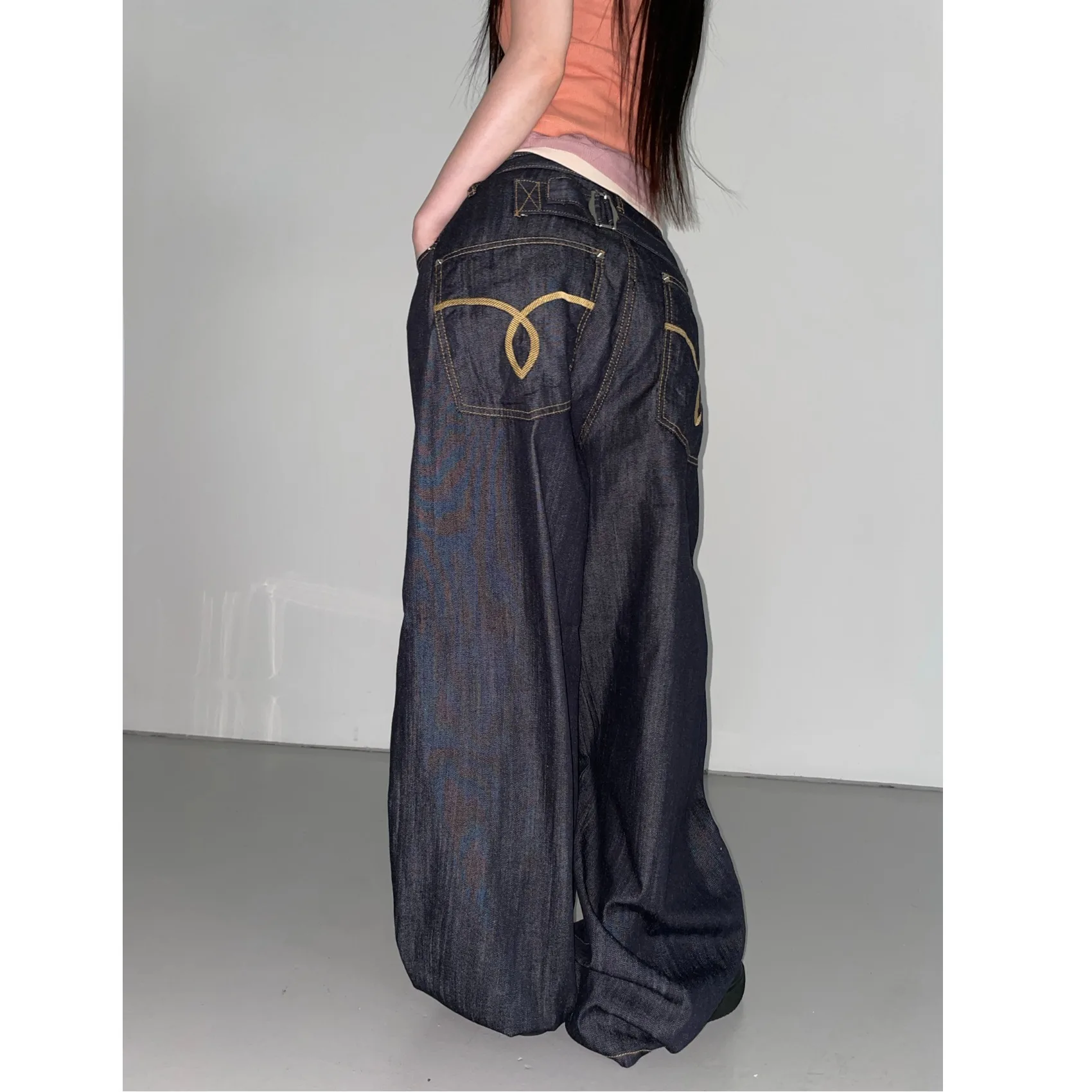 

Elegant High Waist Straight Leg Jeans Embroidered Loose Lazy Style Long Pants Women's Retro Cotton Denim Trousers