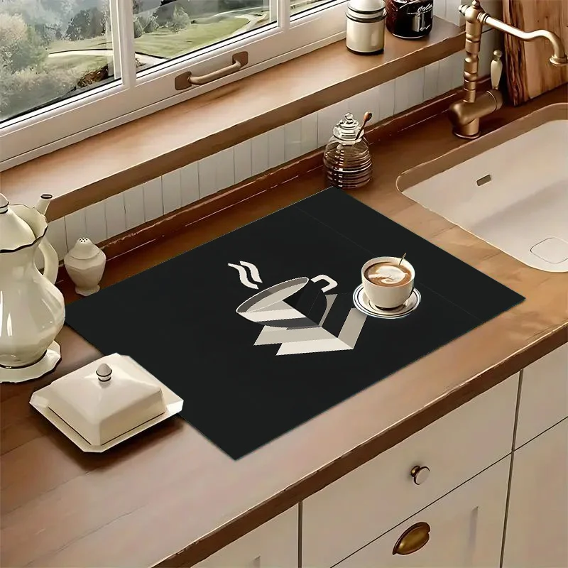 Minimalist Coffee Print Dish Drying Mat Absorbent Quick Dry Washable Pad For Kitchen Counter Coffee Bar Home Use