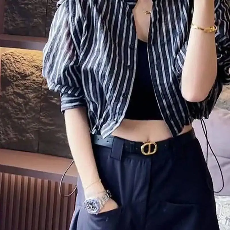 Top women's summer thin striped sunscreen shirt coat retro stand-up collar drawstring short cardigan Joker loose shirt