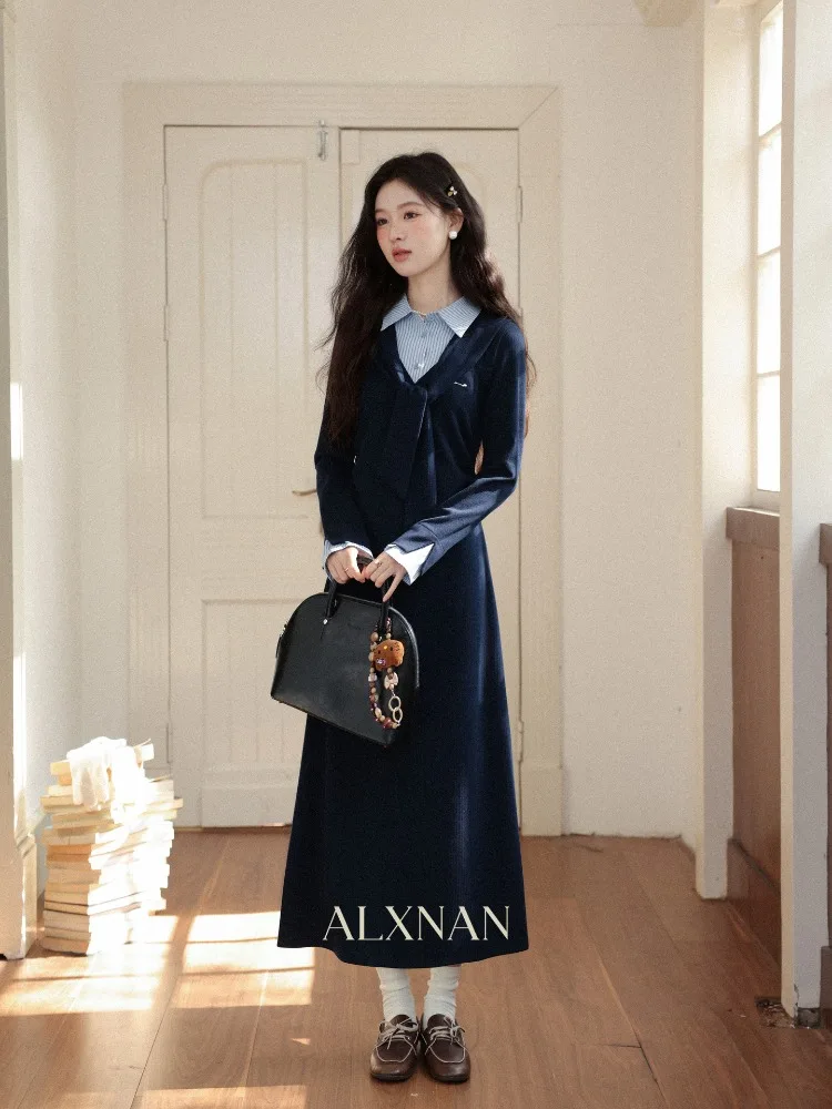 ALXNAN Women's Striped Shirt Dress Long Sleeve Belted French Style Midi Fall Elegant Casual Party Dresses Female Clothing L59029