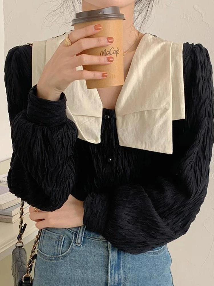 Blouse Women Korean Style Chic New Design Personality Autumn Stylish Girls Simple Patchwork Bow Retro Loose All-match Daily Cozy