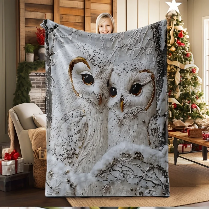 

White Owl Plush Blanket - Soft Flannel with Snowy Owl Print, 5D Digital Heat Transfer, All-Season Comfort for Bed, Sofa, Office