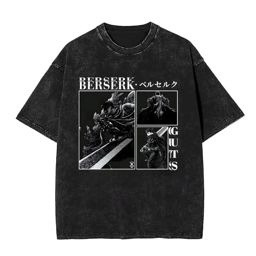 

90s Retro Washed Anime Berserk Skull Knight Guts Graphic T Shirts Men Women Cartoon Fashion T-shirt Casual Cotton Vintage Tshirt