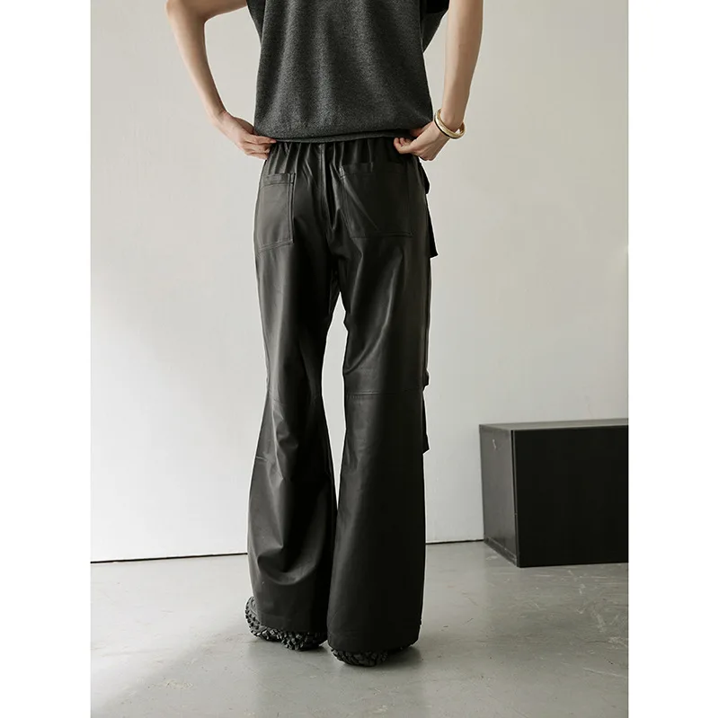 Floor Length Leather Cargo Pants for Women Retro Sheepskin Wide Leg Pockets Drawstring Long Trousers Black Casual Pantalon Femme