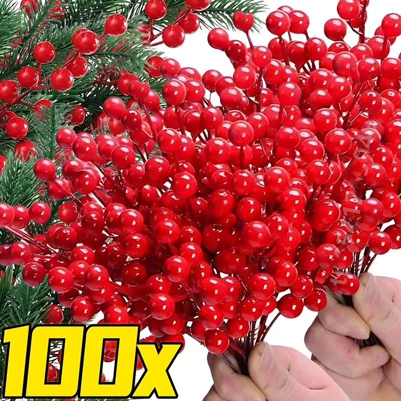 5/100pcs Bacche di agrifoglio rosso Stame Fiori finti Piante Natale Bacche rosse artificiali Stelo Ornamento per la festa di Capodanno Decorazioni per la casa