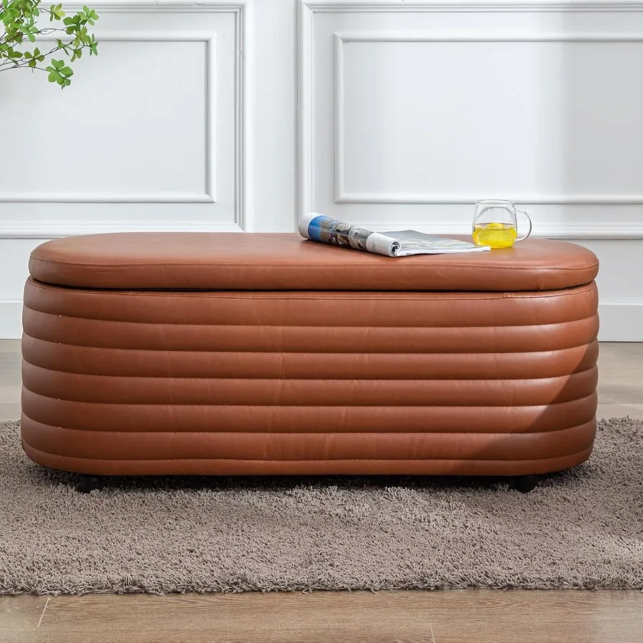 

Скамья для хранения 45, мягкая искусственная кожа, большая оттоманская скамья для хранения вещей, овальная скамейка на конце кровати для спальни, гостиной, прихожей, общежития