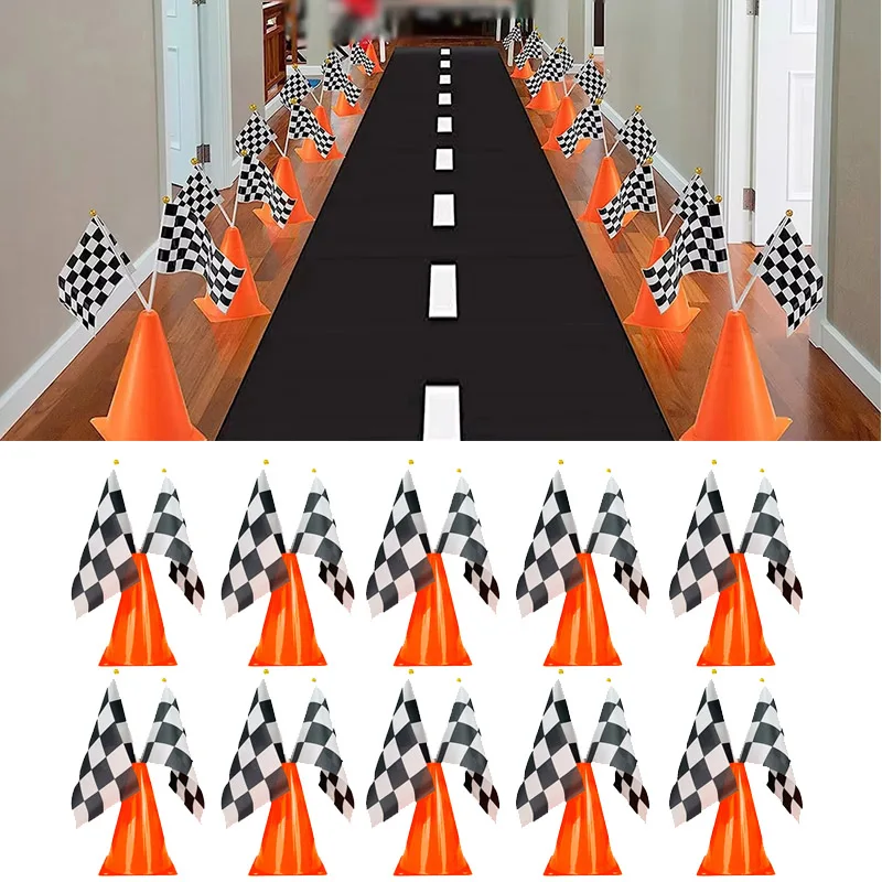Cono de tráfico naranja con juego de bandera a cuadros, pista de carrera de 10 pies, corredor de suelo, decoración de fiesta de coche de carreras, suministros de centro de mesa