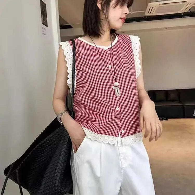 Korean Sle Summer New Faionable Loose Slim Fit Plaid Top Lace Trim Svel Vest Small irt Straight Cut Polyester Fiber