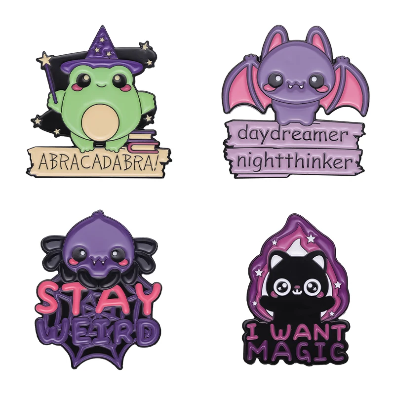 Magic Frog Bat Cat Enamel Pin Animal Halloween Witch Daydreamer Nightthinker Brooch Badge Friend Gift Jewelry Custom Accessories