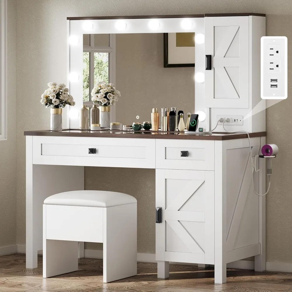 

Lights Makeup Vanities, Large Storage Space Vanity Set 2 Drawers, Vanity Desk Light Makeup Mirror, Dressing Table for Bedroom