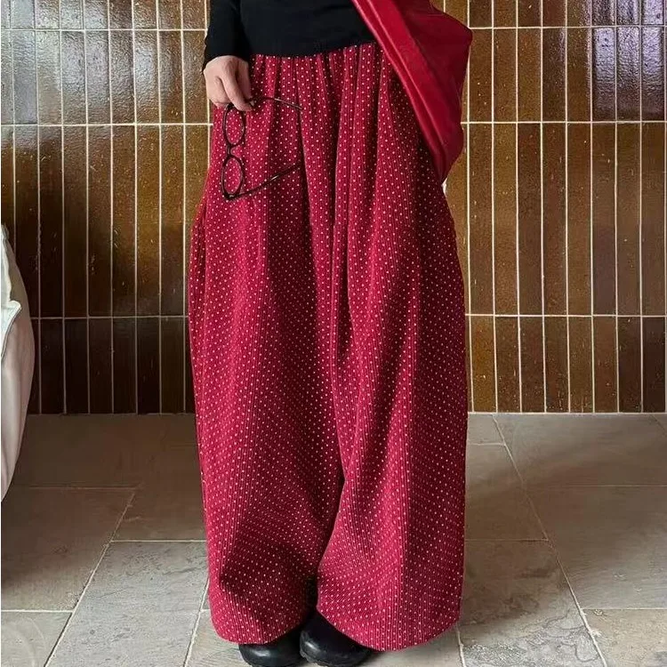 Pantaloni di velluto a coste a vita alta Pantaloni casual a gamba larga a pois rossi da donna Autunno Inverno Dimagrante Versatile Cotone confortevole