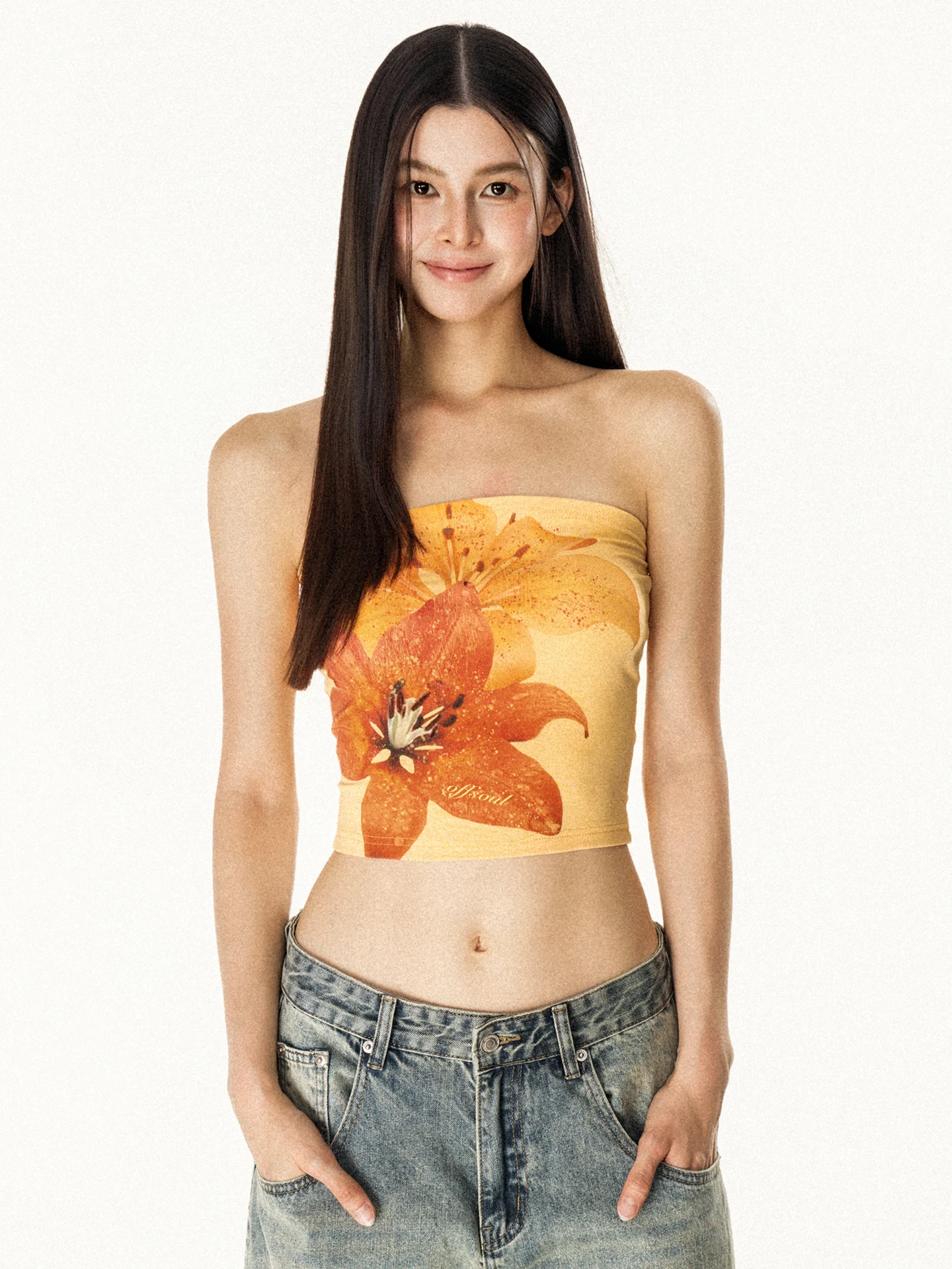 

Женский летний укороченный топ с тропическим цветочным принтом, облегающий, без бретелек, из термостойкого хлопкового смесового материала