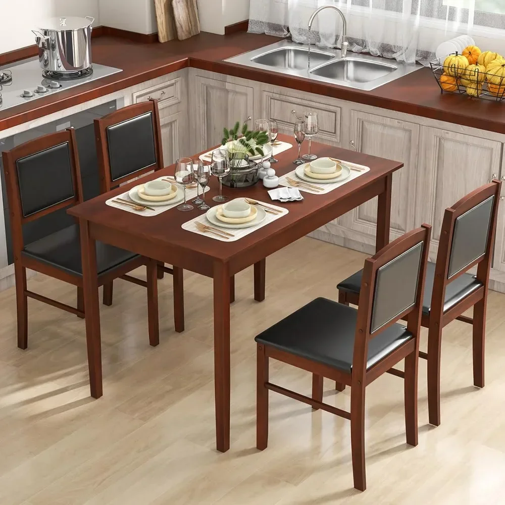 

Dining Table Set for 4, Solid Wood, Farmhouse Dinette Set w/Rubber Wood Legs, Upholstered Seat & Padded Backrest