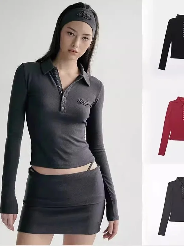 

Slimming Design irt Collared Base Layer T-irt Women's Trendy Embroidery American Hot Girl Sle Long Sve Henry Co...