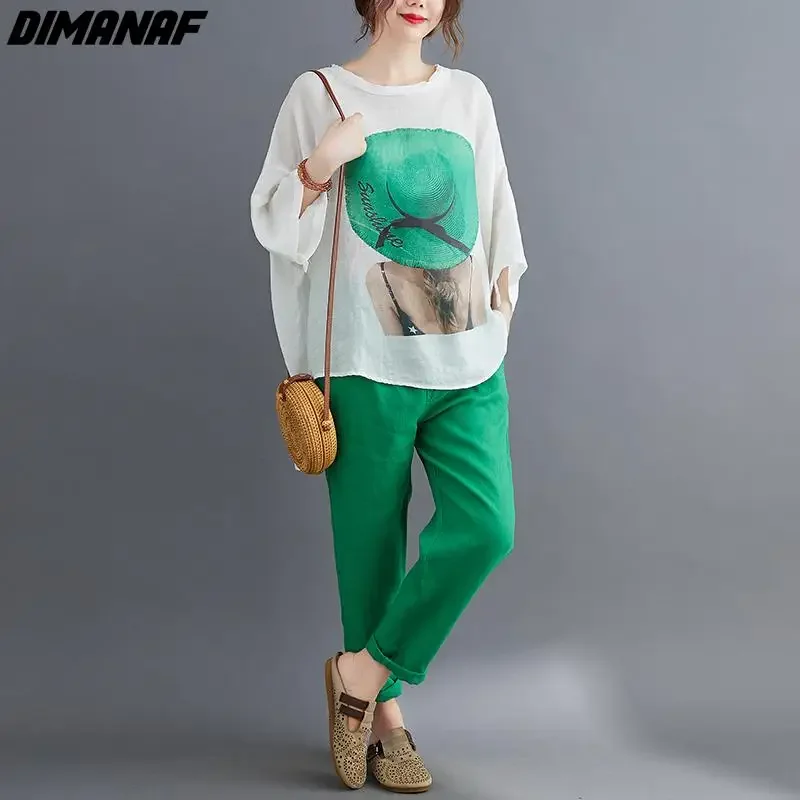 DIMANAF Summer Women Bat Pattern Print T-Shirt Linen Tshirt Fashion Patchwork Tops Tees Oversize Tunic Shirt Loose Casual