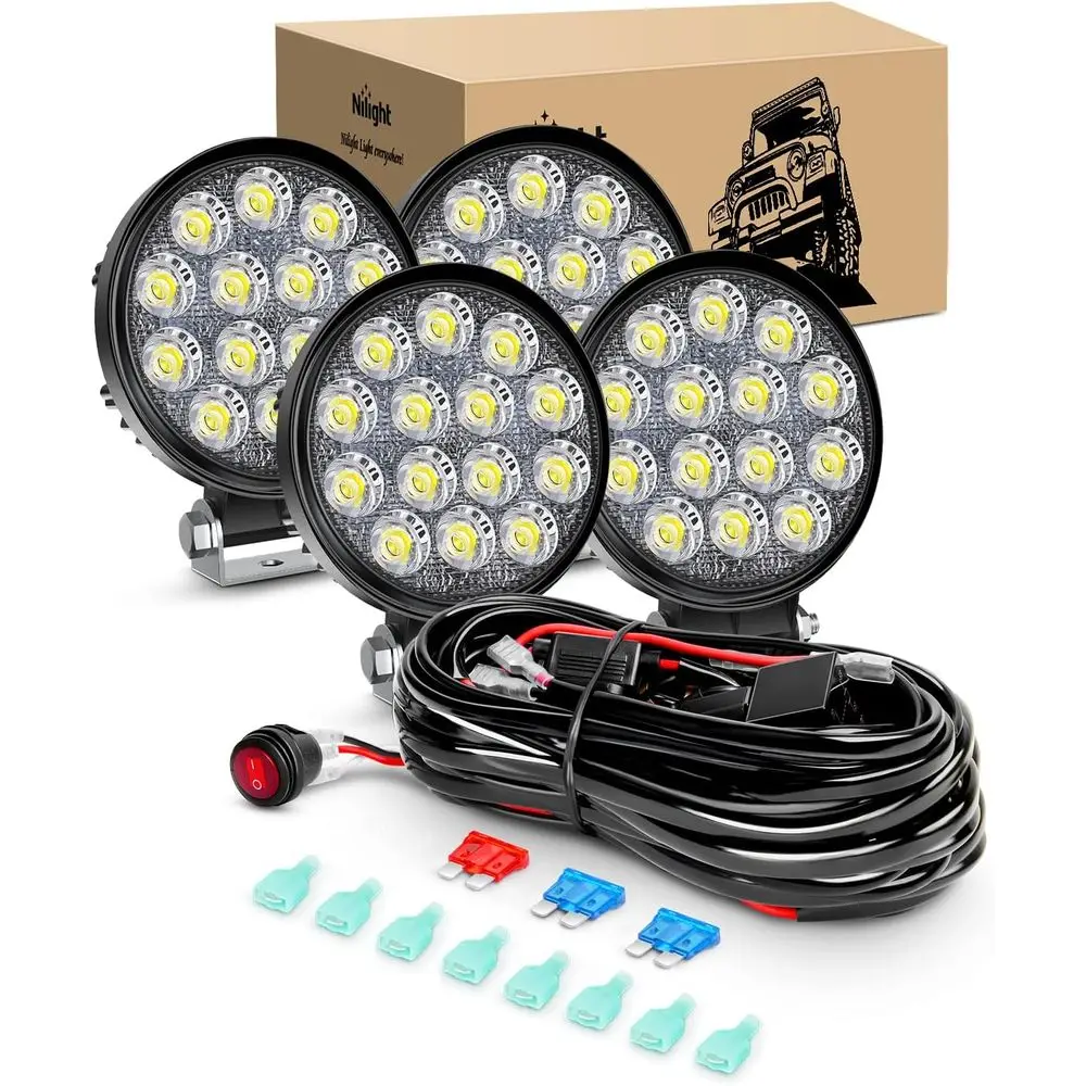 

4.5 42W Round LED Flood Lights, 4-Pack, 4200 Lumens, Off-Road Fog Lights, 16 AWG Wiring Kit for Trucks, ATVs, UTVs, SUVs, Boats