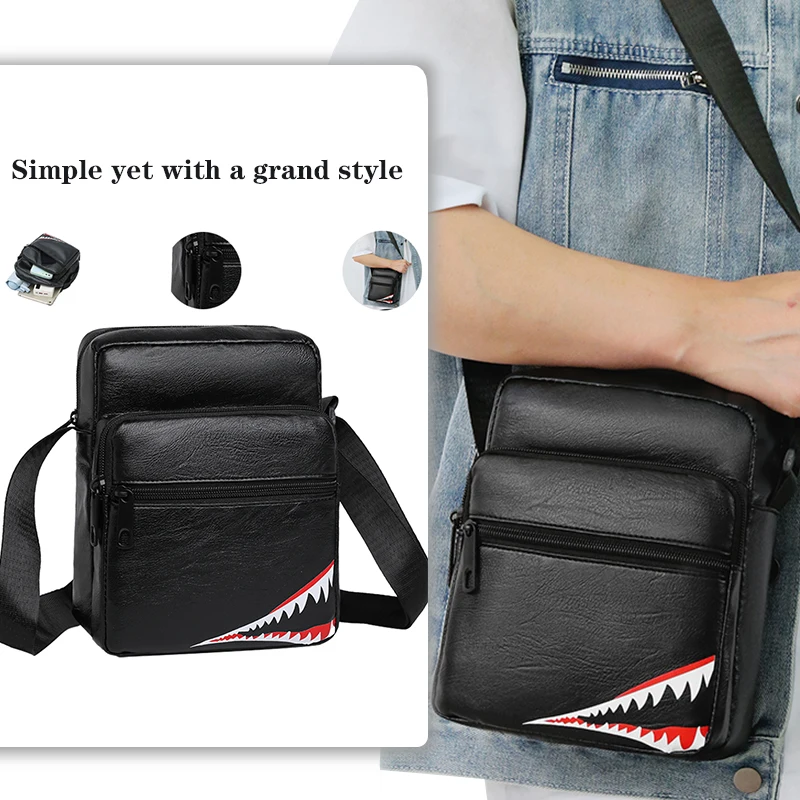 

Men's PU bag is suitable for business travel.t has multiple pockets with shark-patterned design.It has multiple ways of carrying