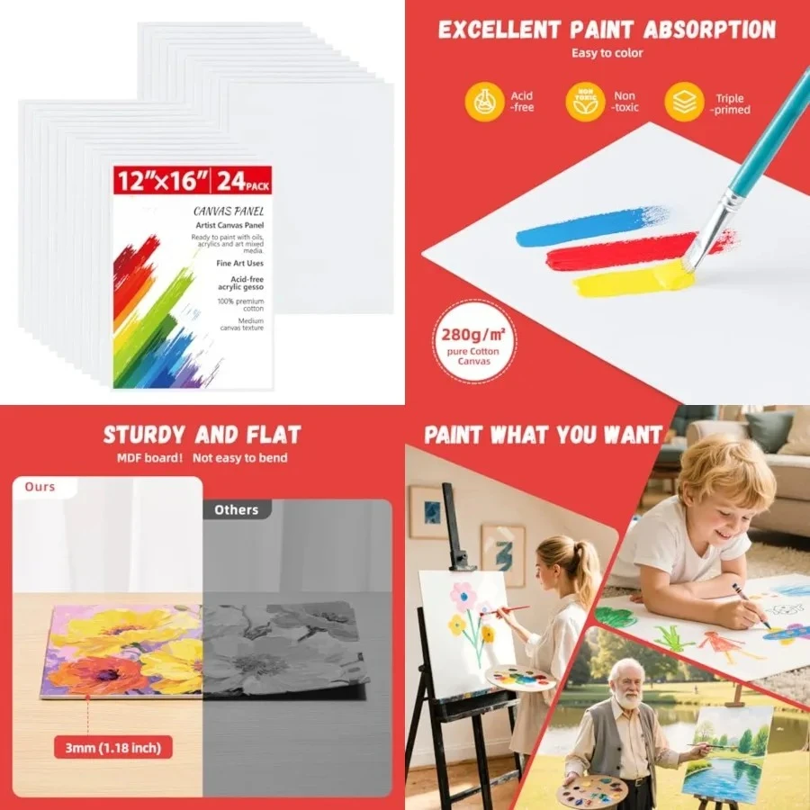 

24 Pack 12 x 16 inch Large Canvas Boards for Painting- Gesso Primed Acid-Free 100% Cotton Canvas Panels for Acrylics Oil Watercolor Tempera Paints