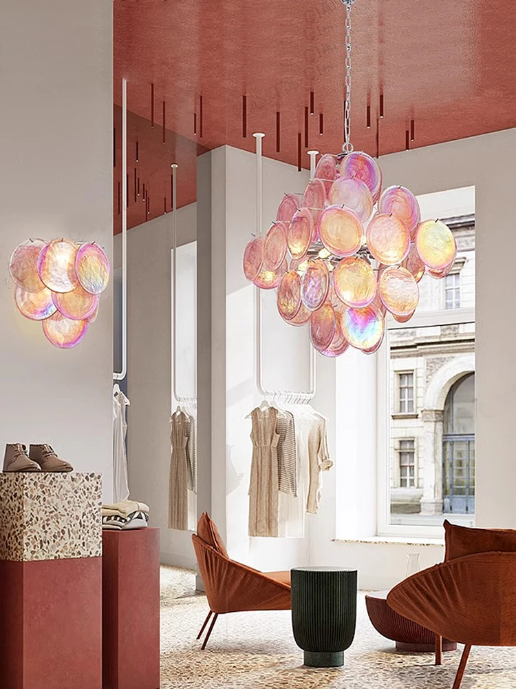 

Handmade Red Cloudy Glass Art Chandeliers European Cottage Vintage Home Ceiling Deco Hanging Lamps Living Room Lustre Villa