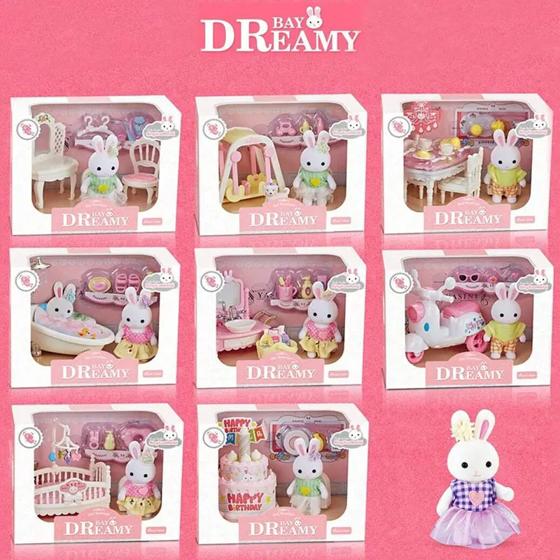 1/12 Micro Dollhouse Rabbit Family Kitchen Toy Miniature Furniture Set Simulation Baby Crib Bathroom Forest Family Party Gifts