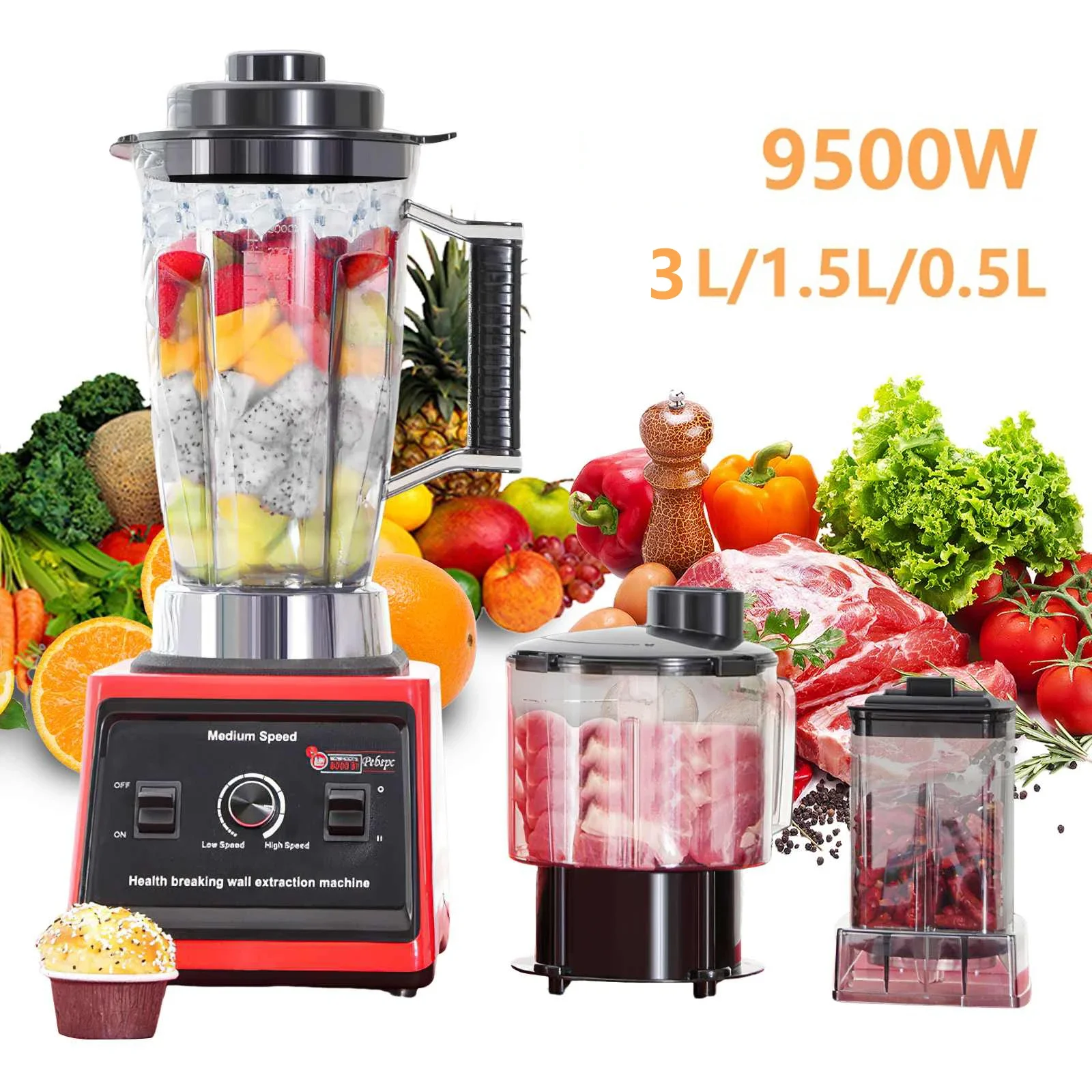 9500 W Kraftstofftischmixer Entsafter Smoothie Maker 3-in-1 0,5/1,5/3 l Behälter Küchenmaschine Blenderboxer für Eis Nuss Obst – Detail 1