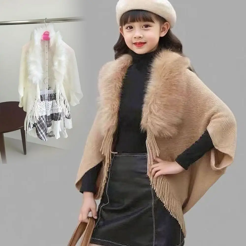 

Fashion Faux Fur Collar ' Mongolian Poncho Winter Warm Ethnic Style Plush Knitting Wraps Cardigan Tassel Shawl For
