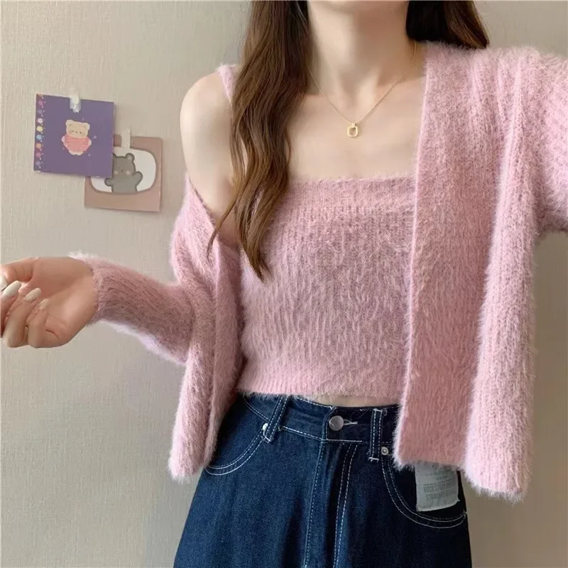 Sweet Soft Plush Knit Cardigan Slim Fit Camisole Vest+ Open Stitch Long Sleeve Loose Casual Two Piece Setscasual Women Suit