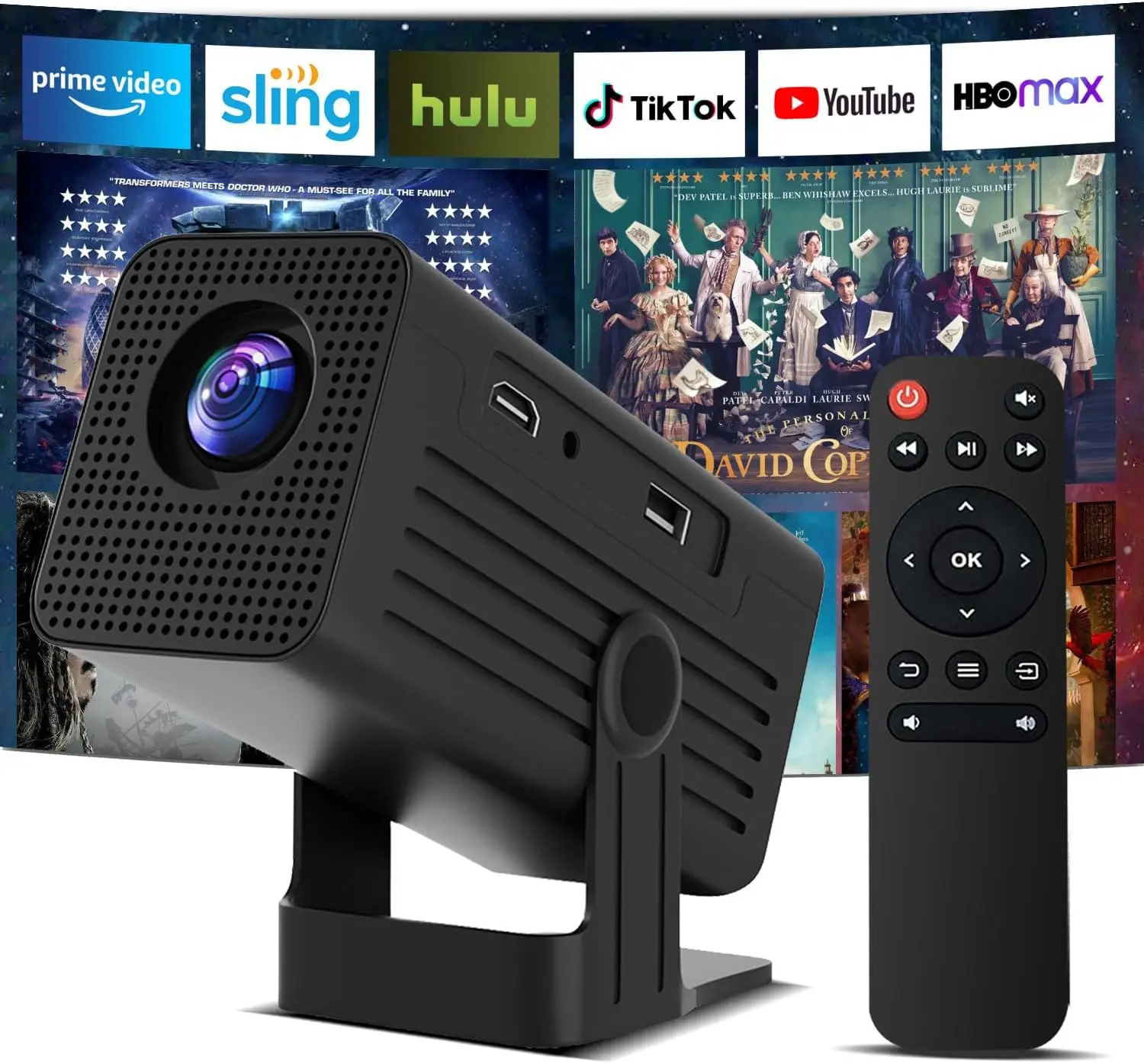

Portable 4K Mini Projector with WiFi6, Bluetooth, Auto Focus, HDMI/USB/iOS/Android Compatible
