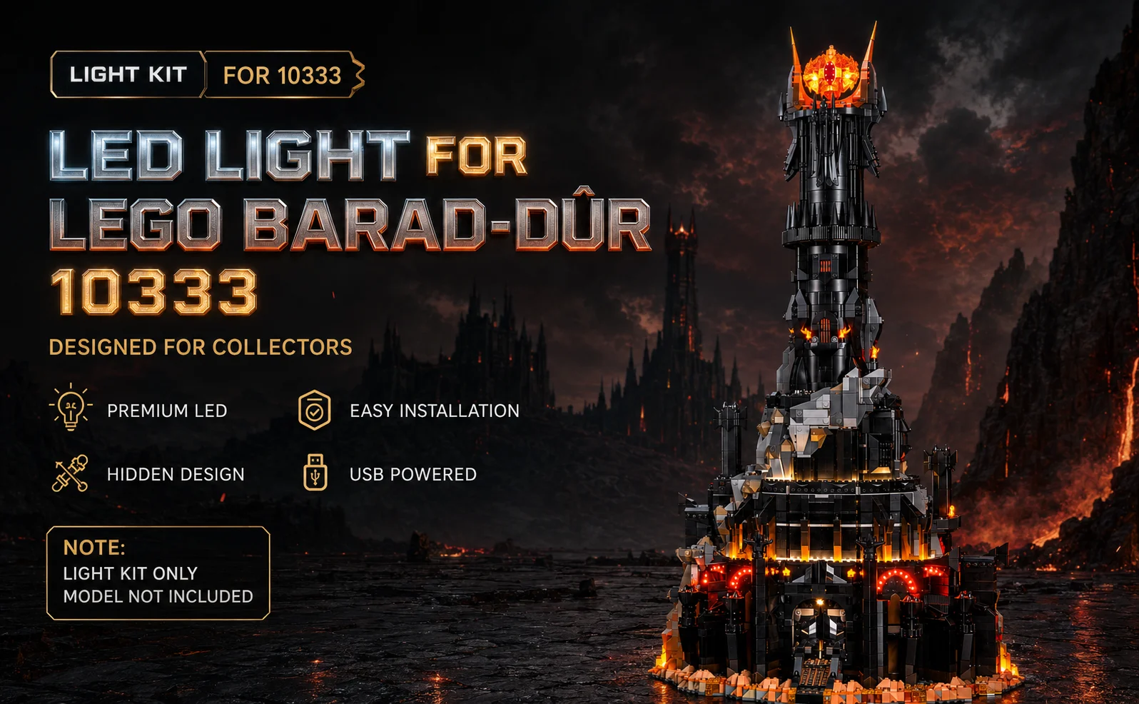 Hprosper LED Light For 10333 Lord of the Rings: Barad Dur Sauron Dark Tower Castle Decorative Lamp (No Lego Building Blocks)